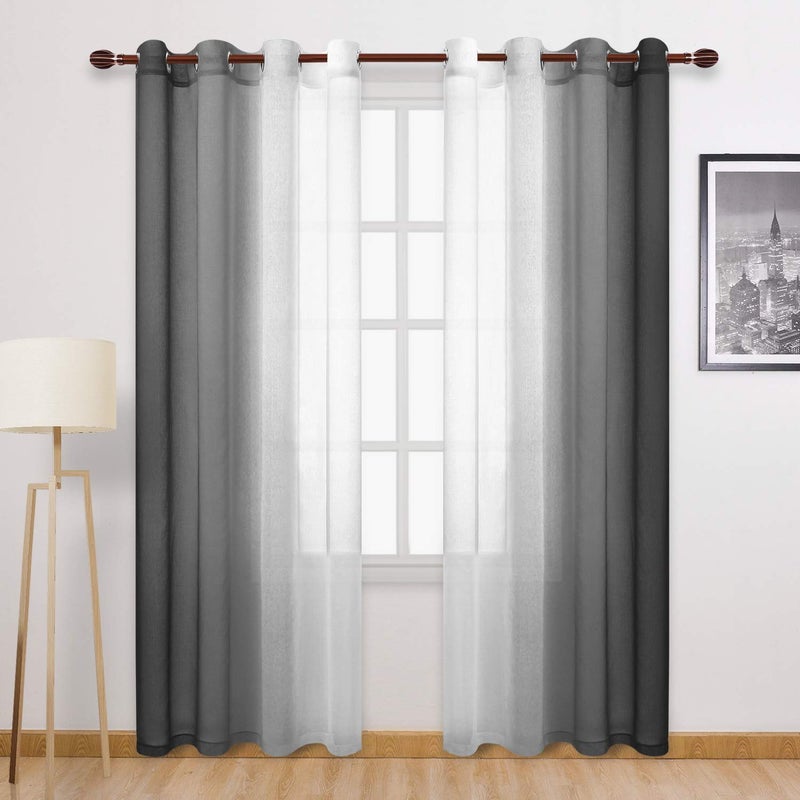 DWCN Black Ombre Sheer Curtains - Faux Linen Gradient Semi Voile Bedroom and Living Room Curtains, Set of 2 Grommet Top Window Curtain Panels, 52 x 90 Inches Long - Image 1